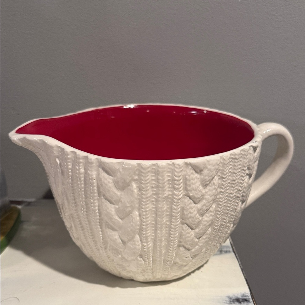 White and Red Textured Ceramic Pitcher
